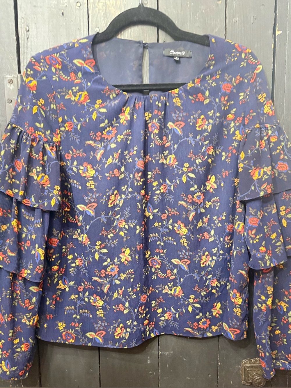 Madewell Climbing Vine Floral Ruffle Sleeve Top Navy M Excellent Condition